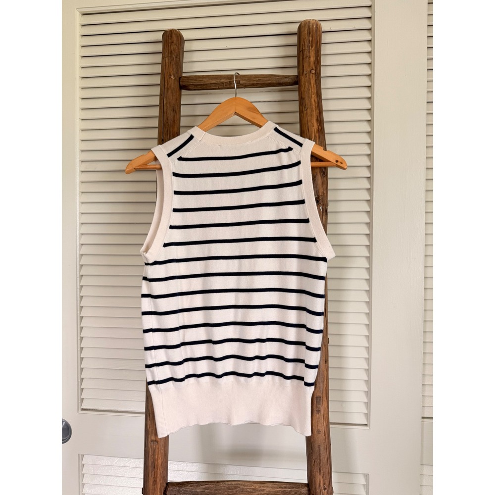 Zara Striped Knit Sweater Vest Size M Cream Navy Blue - Picture 2 of 4